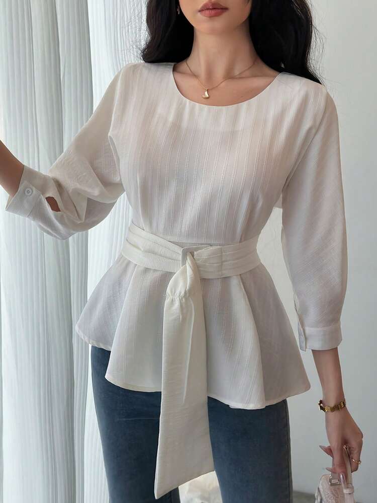 Women's Textured Fabric Waist Tie 3/4 Sleeve Elegant Pullover Casual Shirt
