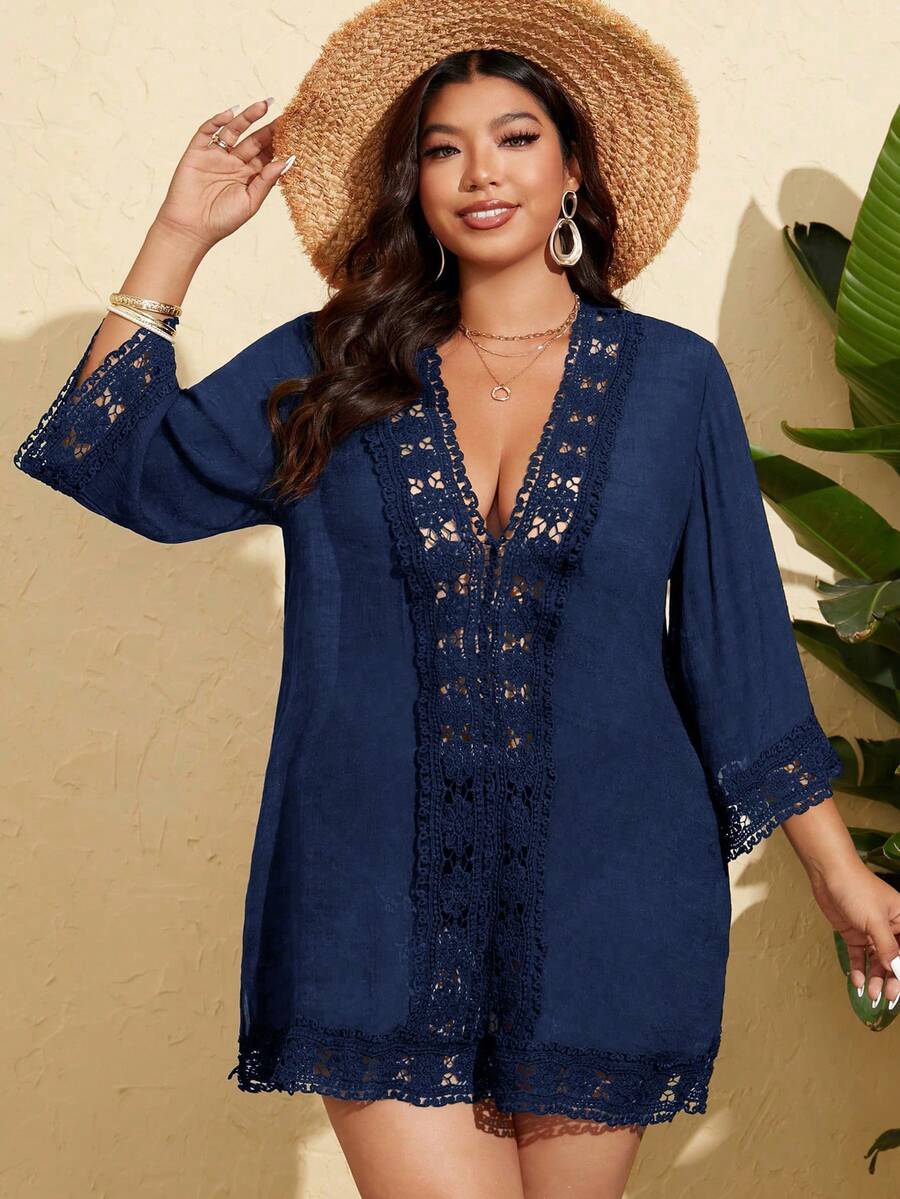 Swim Lushoire 大码女式镂空蕾丝拼接深V领休闲度假罩衫 - 藏蓝色 - 查看 1