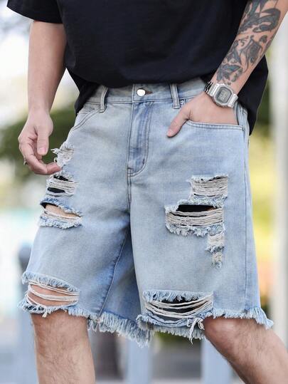 Manfinity LEGND Pantalones cortos de mezclilla sueltos con dobladillo deshilachado y desgastado, para uso casual, moda callejera y viajes diarios de hombres en verano