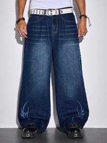ROMWE MEN Street Life Quần jean denim nam kiểu dáng thường ngày, in họa tiết chéo, đã qua xử lý. - Màu xanh lam - Xem 5