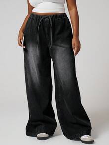 MUSERA 大码水洗阔腿系带牛仔裤，日常休闲款 - 黑色 - 查看 2