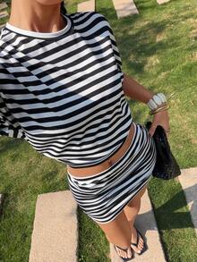 Muchica Holiday Outfits Black & White Striped Knit Women's Casual Outfit - Black and White - View 4