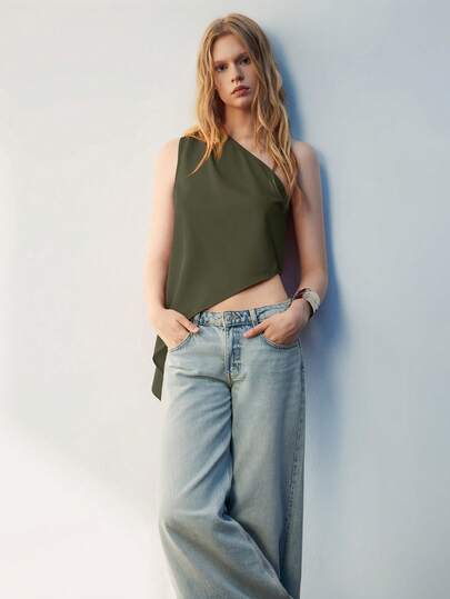 Maija Blusa casual de verano asimétrica con pliegues sin mangas, de unicolor, para uso casual en la oficina, top con hombro asimétrico