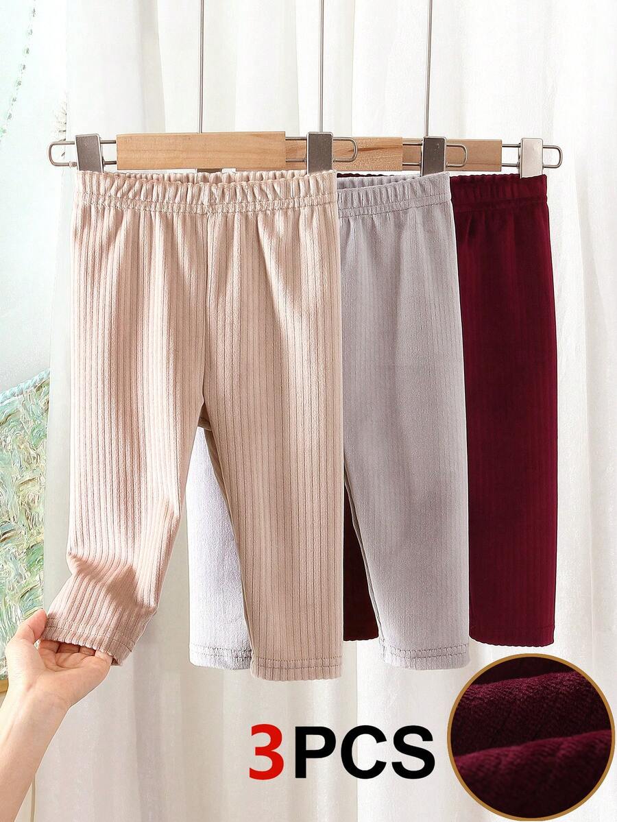 SHEIN Playful Pals Bộ 3 món quần legging, quần dài, quần bó sát, màu trơn, co giãn, dễ phối đồ cho bé gái, chất liệu vải nhung gân, thích hợp cho mùa xuân, hè, thu, đông. - Nhiều màu - Xem 1