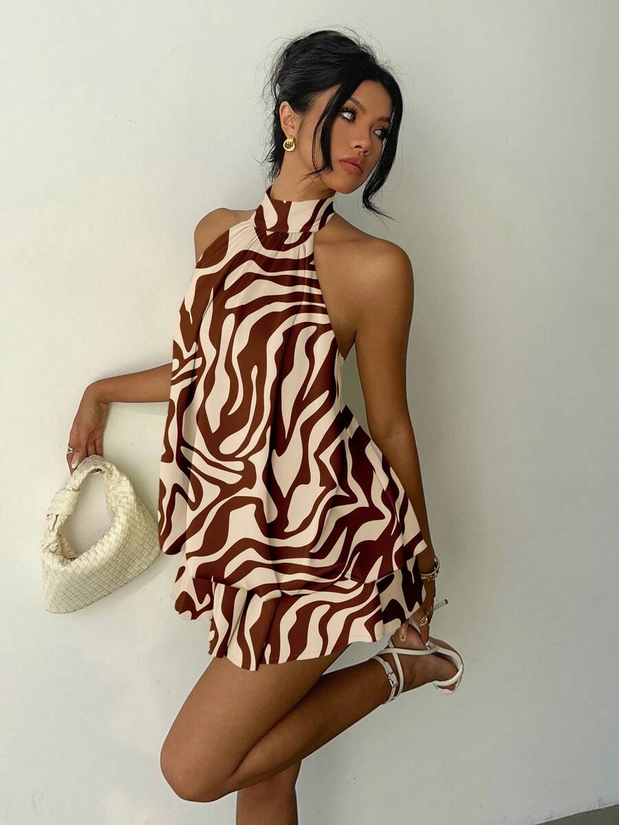 Aloruh Đầm ngắn nữ màu nâu in họa tiết sọc báo, thích hợp cho các buổi đi chơi, hẹn hò, đi làm, đi biển, nghỉ mát, phong cách thanh lịch. - Nhiều màu - Xem 1