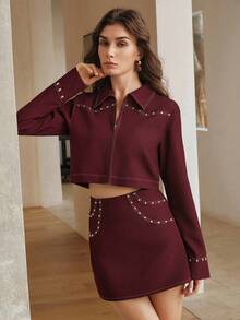 Anewsta Women's Jacket Coat, Retro Chic Luxury Elegant Heavy Craft Rivet Decor Contrast Trim Fitted Short Jacket For Women - Burgundy - View 6