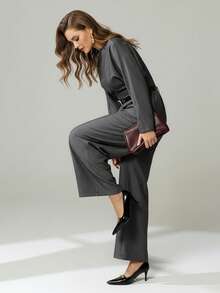 Auralis 2 piezas Conjunto elegante de talla grande para mujer, adecuado para maestras, casual de negocios, ropa de oficina, conjunto de comuter moderno, conciertos/actuaciones, citas, cenas formales, ir y venir, romántico, dama de oficina, estilo de sirena, primavera/otoño - Gris - Ver 4