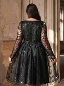 Aureia Plus Size Elegant Luxurious Black Square Neck Long Sleeve Sheer Sequin Patchwork Tulle Puff Dress, Suitable For Weddings, Parties, Celebrations, Formal Occasions, Ballroom (Heavily Embellished Design) - Black - View 3