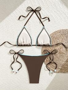 Swim Vcay 2026新款春夏两件套女士泳衣短裤套装，激光切割沙滩休闲度假优雅泳装 - 棕色 - 查看 3