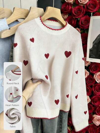 Franclia Women's Autumn Color-Blocked Casual Cute Romantic Valentine's Day Red Heart Jacquard Pattern Knit Sweater Everyday Versatile Loose Round Neck Raglan White Long Sleeve Pullover Sweater,Winter Clothes For Women,Summer,Spring,Valentine's Day ,Romance , Dating,Beach, Wedding,Birthday,Going Out,Elegant,Casual,Vacation,Graduation Season Attire, Fashionable Casual Commuter Wear, Business Office Wear, Versatile And Stylish Everyday Casual Wear, Urban Teacher's Professional Attire Heart Pattern Sweater