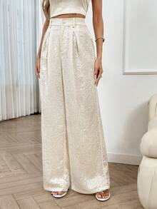 Easowa Women's Pleated Waist Zipper Front Wide Leg Pants, Crepe Satin Textured Fabric, Casual Relaxed Elegant Office/Vacation Trousers, Spring/Summer Boho Pants Wide Leg Summer Pants Cream Pants - Apricot - View 5