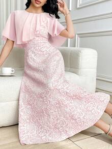 Modelyn Women's Elegant Romantic Fitted Jacquard Mid-Length Dress, Everyday Wear - Pink - View 6