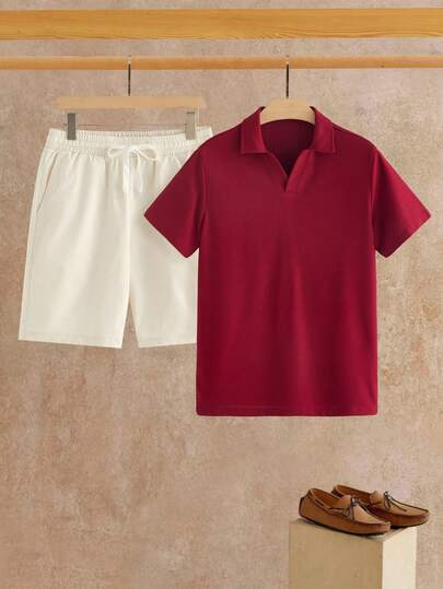 HIMLAND Men's Striped Short Sleeve Top And Solid Color Shorts Set  2 Pieces Set Men Casual Striped Short Sleeve Polo Shirt And Solid Color Shorts Polo Suit, Cozy Outfits Out Pattern, For Vacation, Beach For Husband Boyfriend Gift Simple Fashion Commuting