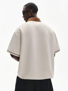 STYNVO Men's Letter Print Short Sleeve Single-Breasted Casual Shirt Men's Button Up Shirt Men's Vacation Shirt Men's Cream Beach Shirt Men's Cream Button Up Men's Beach Button Up - Apricot - View 2