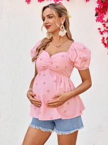 SHEIN Maternity Summer Casual Vacation Valentine's Day Bow Print Sweetheart Neck Ruffle Short Sleeve Babydoll Top