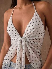 SHEIN BAE 女士浪漫度假性感复古波点荷叶边系带V领露背吊带背心，适合假日约会、下午茶、海滩、邮轮、城市度假、婚礼季、音乐节等场合，波西米亚风 - 白色 - 查看 3