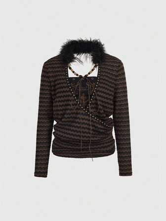 Grunge Punk Set di 2 pezzi composto da top a canotta con stampa a righe, patchwork, borchie e perline in stile vintage punk e bandeau