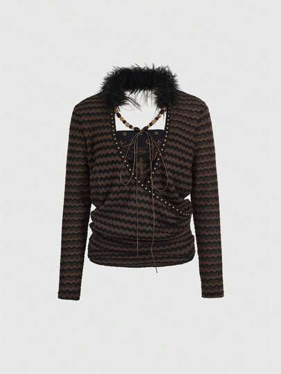 Grunge Punk Vintage Punk Rivet Wing Print Striped Patchwork Fuzzy Beaded Striped Halter Top & Bandeau 2 Pieces Set