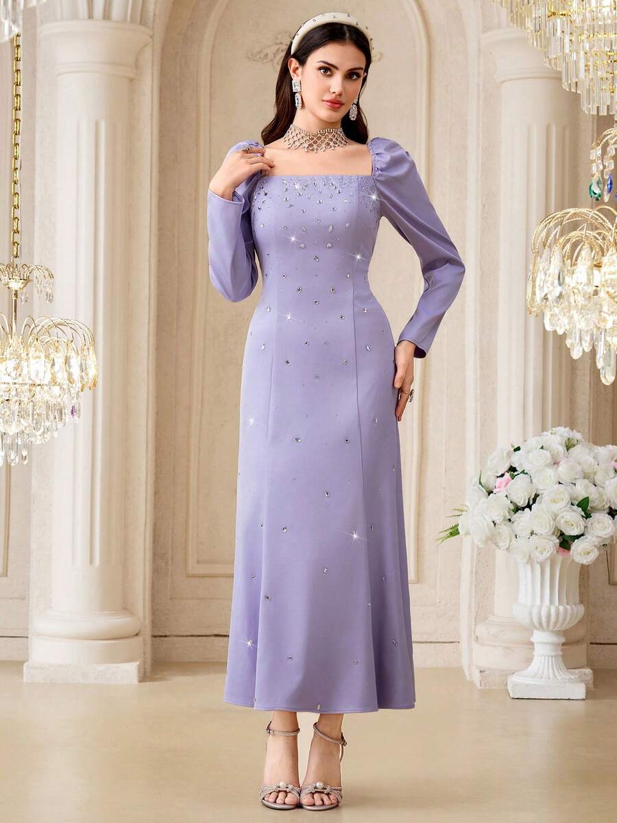 Modelyn 女士纯色方领泡泡袖水钻装饰修身优雅连衣裙 - 紫色 - 查看 1