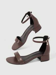 Sleekvia 女士夏季新款圆头粗跟低跟棕色踝带凉鞋 时尚通勤简约百搭凉鞋 - 摩卡棕 - 查看 2