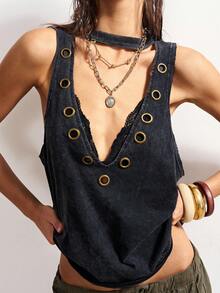 Bohemela 休闲纯色针织露肩宽松水洗女式背心 - 黑色 - 查看 2