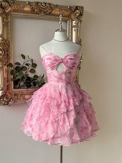 Lovelzi Đầm dự tiệc ngắn thanh lịch màu hồng lãng mạn, in kỹ thuật số, trang trí xếp ly thủ công, không dây vai, thiết kế khoét rỗng, viền bèo nhún dành cho nữ.