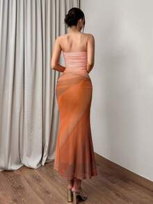 Firerie 女士优雅日常度假沙滩连衣裙，橙色扎染印花网纱抹胸修身鱼尾长裙，女士春夏度假连衣裙 - 彩色 - 查看 2