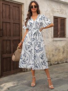 EMERY ROSE 女士休闲度假植物印花短袖连衣裙 - 藍白色 - 查看 6