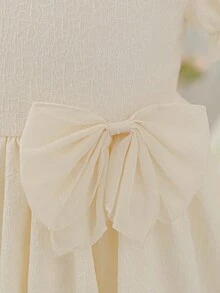 Glamorique Kids Young Girl'Elegant White Summer Flower Girl Apricot Jacquard Fabric Bubble Sleeve Princess Dress,Chiffon Bow Birthday Party Performance Princess Dress - Apricot - View 6