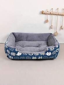 1 PC Cozy Comfortable Fade Resistant Wear Resistant Plush Polyester Fill Blue Paw Print Design Soft Pet Bed For Cats Small Dogs Indoor Sofa Cushion Easy Clean Material Playful Pet Design For Home Indoor Pet Supplies - Blue - View 1