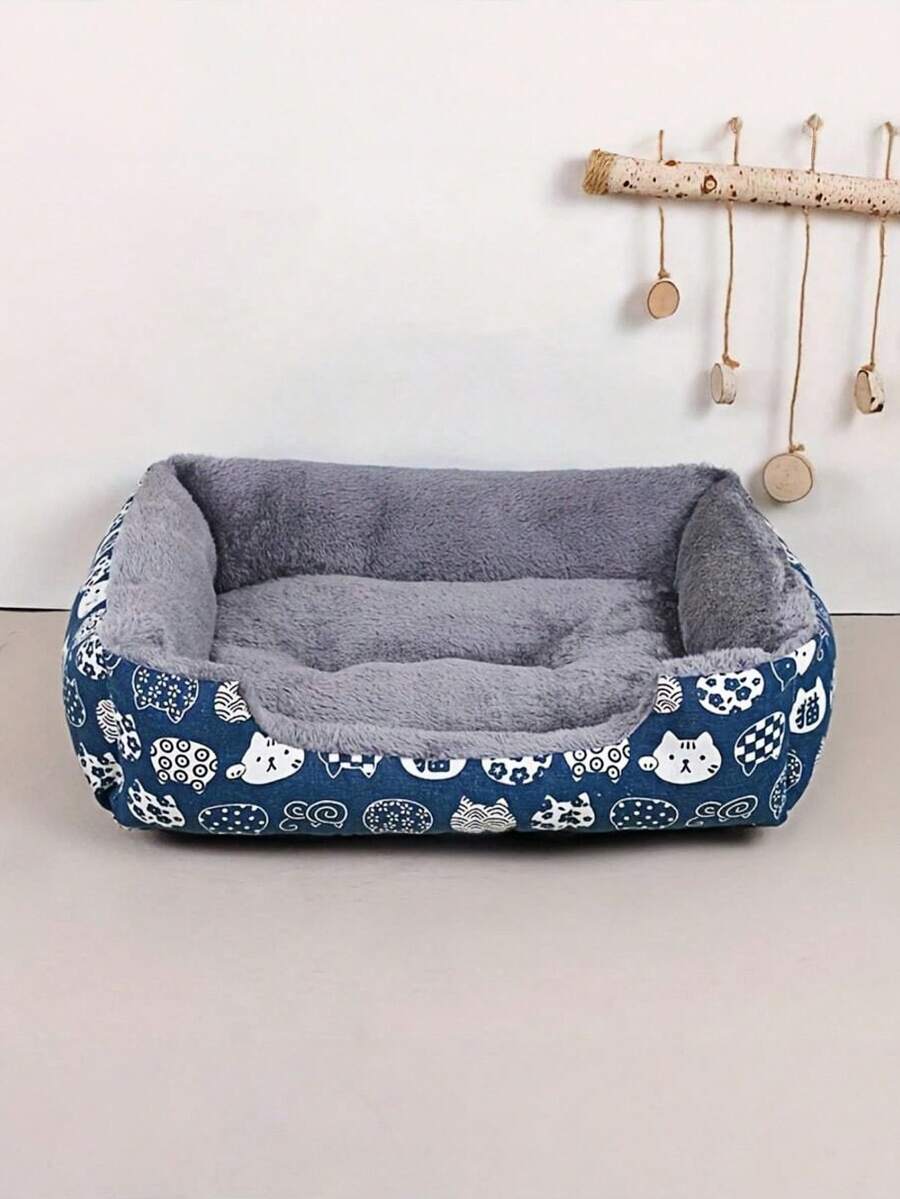 1 PC Cozy Comfortable Fade Resistant Wear Resistant Plush Polyester Fill Blue Paw Print Design Soft Pet Bed For Cats Small Dogs Indoor Sofa Cushion Easy Clean Material Playful Pet Design For Home Indoor Pet Supplies - Blue - View 1