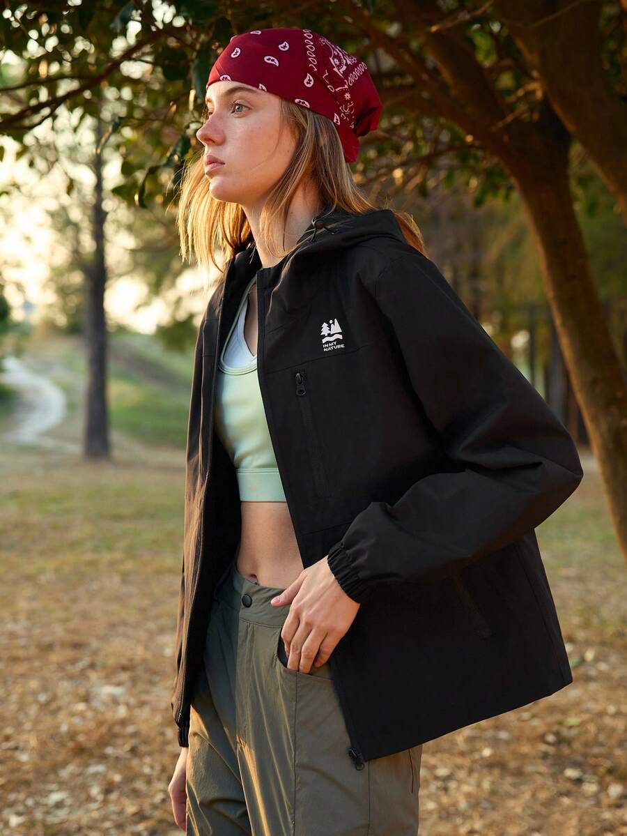 In My Nature Women's Casual Zip-Up Drawstring Hooded Windproof Waterproof Outdoor Jacket - Black - View 1