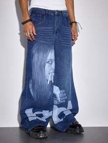 ROMWE MEN Men's Loose Fit Graphic Pocket Wide Leg Casual Jeans - Blue - View 5