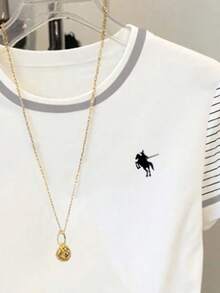 T-shirt à manches courtes et col rond rayé, style polo minimaliste et décontracté pour adolescentes, orné d'un logo d'équitation. Idéal pour l'été. - Multicolore - Voir 4