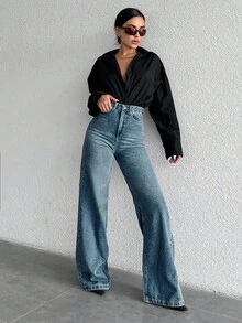 SHEIN 100%Cotton High Waist Wide Leg Jeans PETİTE - Dusty Blue - View 3