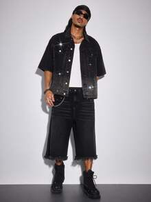 ROMWE MEN Street Life Áo denim tay ngắn màu đen đính đá lấp lánh - màu đen - Xem 3
