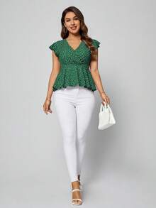 SHEIN Clasi Camiseta con estampado de corazón y mangas de mariposa con volante - Verde Oscuro - Ver 3