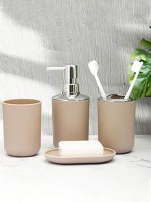 4pcs Beige Bathroom Kit Lotion Bottle+Toothbrush Holder+Mouthwash Cup+Soap Box (One For Each) - Multicolor - View 7