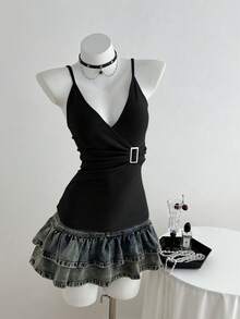 Elamini Áo camisole nữ màu trơn, đính kim loại, xếp ly, thời trang, đa năng, thích hợp cho hẹn hò và dự tiệc. - màu đen - Xem 3