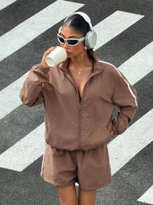 Muchica Conjunto de 2 piezas de chaqueta con cremallera y pantalones cortos casuales y sueltos para deportes al aire libre para mujer, primavera/verano - Marrón - Ver 6