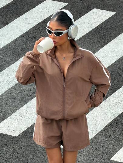 Muchica Women's Brown Outdoor Sports Casual Loose Zip-Up Jacket And Shorts 2 Pieces Set, Spring/Summer