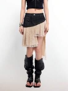 Bloopia Women's Asymmetric Hem Fashionable Lace Patchwork Denim Mini Skirt - Black - View 3