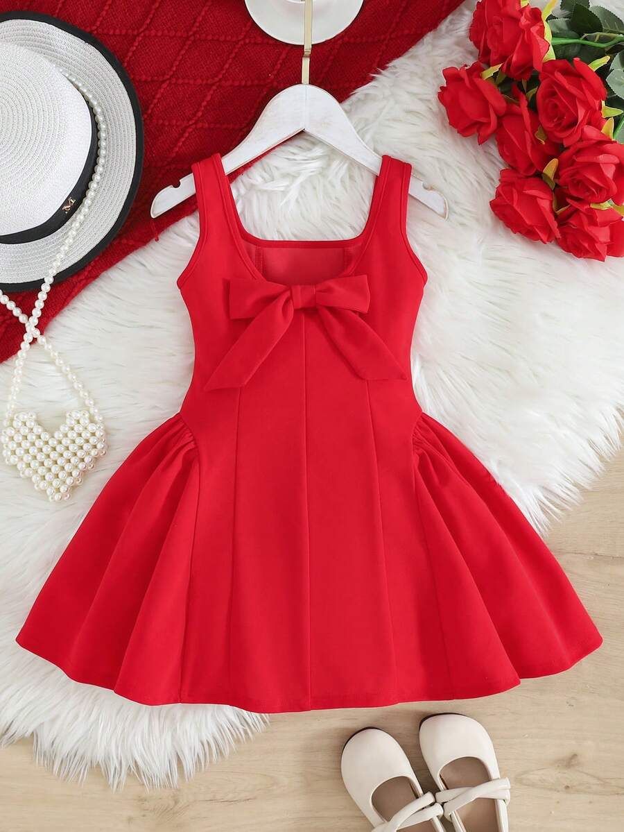 SHEIN Young Girl Red Bow Decor Waist Design Dress, Red Sister Matching Outfit - Red - View 1