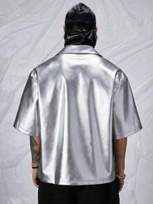 AXEPEAK Men's PU Leather Letter Embroidered Loose Woven Short Sleeve Shirt - Silver - View 7