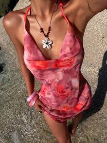 Opulessa 女士碎花垂领露背休闲迷你连衣裙 - 粉色 - 查看 7