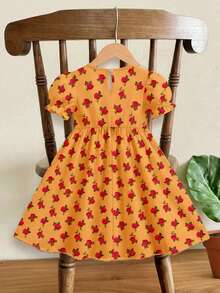 SHEIN Young Girl Elegant Red Rosewood Rose Print Dress,Cartoon Princess Pattern,Puff Sleeve Ruffle Hem,Orange,Autumn,Fairy,Party,Spring/Summer Casual Wear - White - View 2