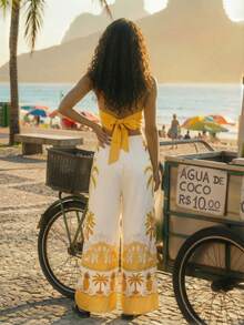 CAJUNI Women's Resort Tropical Palm Print Cut-Out Waist Jumpsuit - Multicolor - View 2