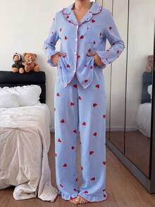 Heart Striped Frill Trim Lapel Cardigan And Pants Pajama Set - Multicolor - View 5