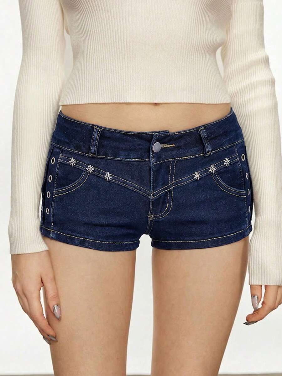 SHEIN EZwear 女士深色休闲牛仔短裤 - 深色水洗藍 - 查看 1