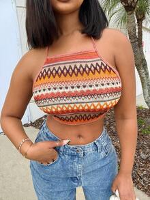 Geo Print Tie Backless Crop Halter Top Spring Break Crop Women Tops - Multicolor - View 6